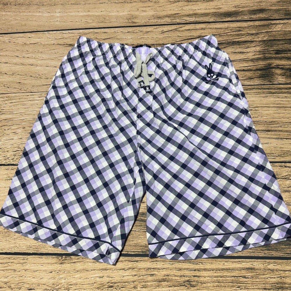 Psycho Bunny Robert Godley Shorts Mens L Purple Plaid Cotton Lounge Y2K Skull